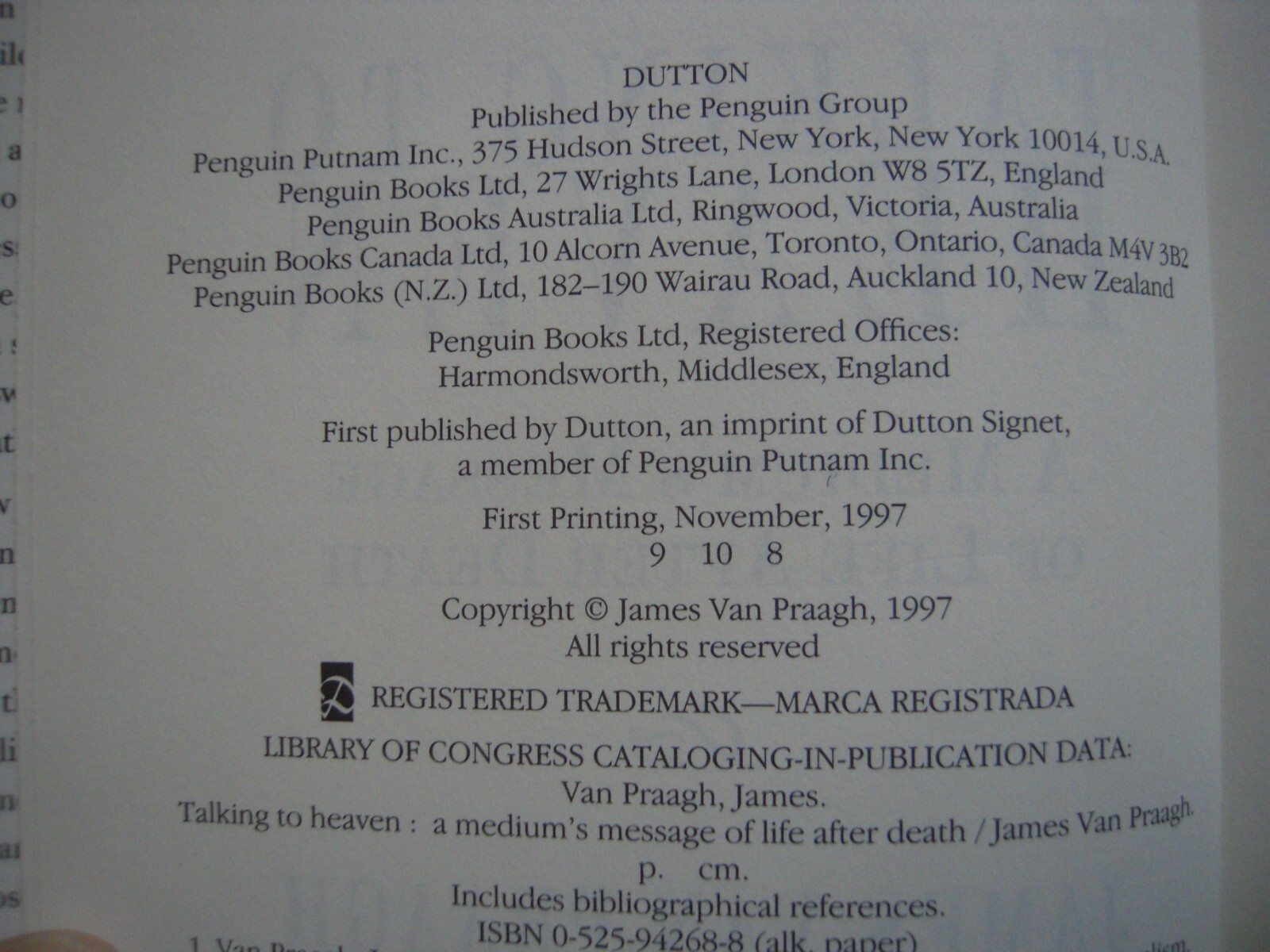 VTG 1997 TALKING TO HEAVEN BY JAMES VAN PRAAGH HARDCOVER 1ST EDITION 194 PAGES