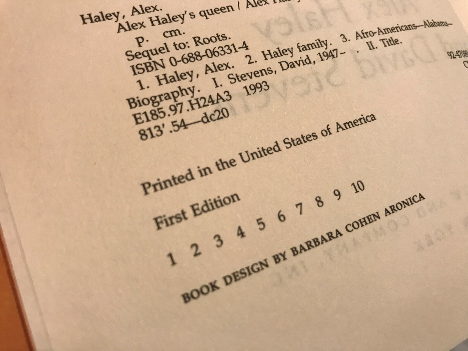 Alex Haley QUEEN 1993 First Edition 1st Printing Autobiography David Stevens
