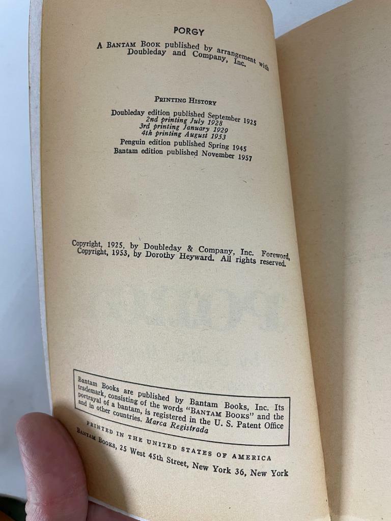PORGY PORGY, Dubose Heyward, A Bantam Book, 1957 PB