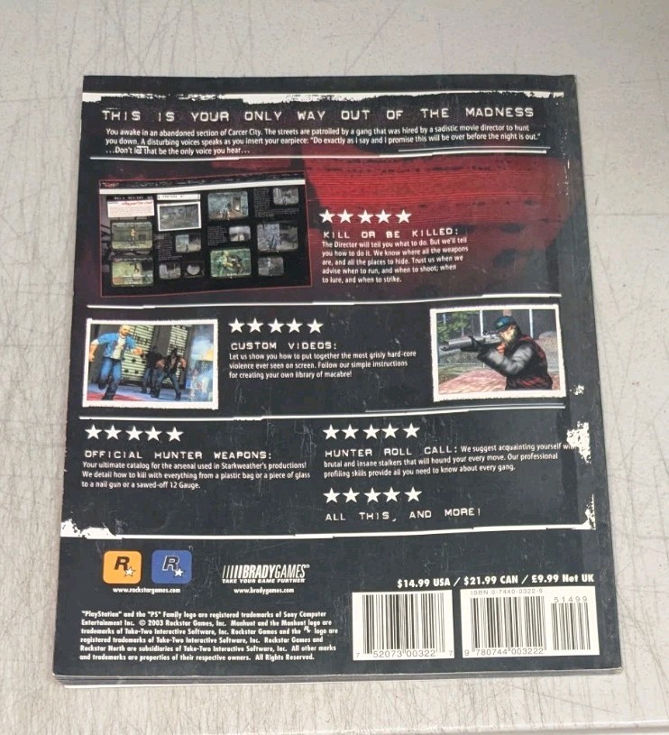 Manhunt Official Strategy Guide (2003) Brady Games *Excellent Condition*