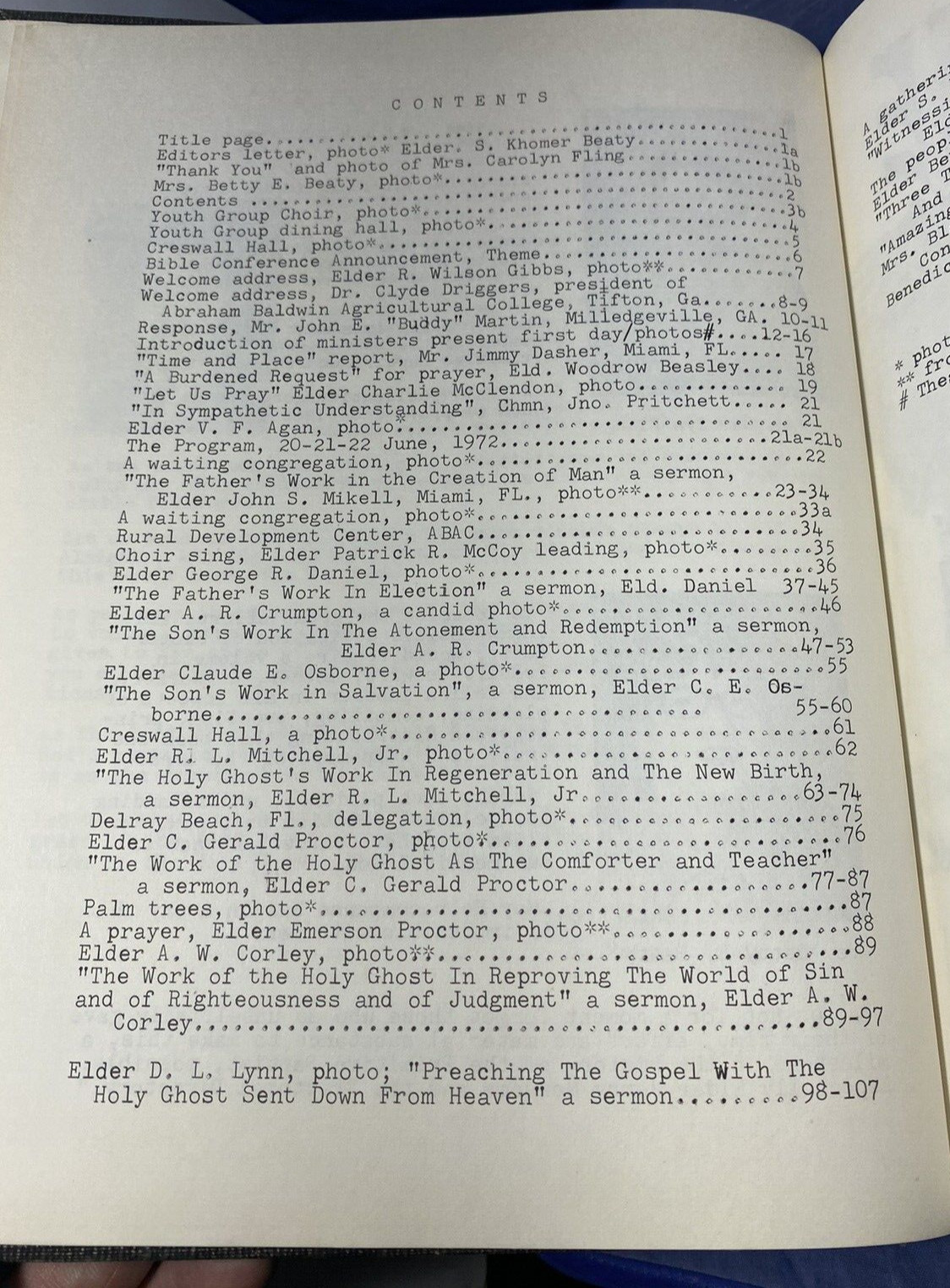 1972 54th Annual Southern States Primitive Baptist Conference Program History