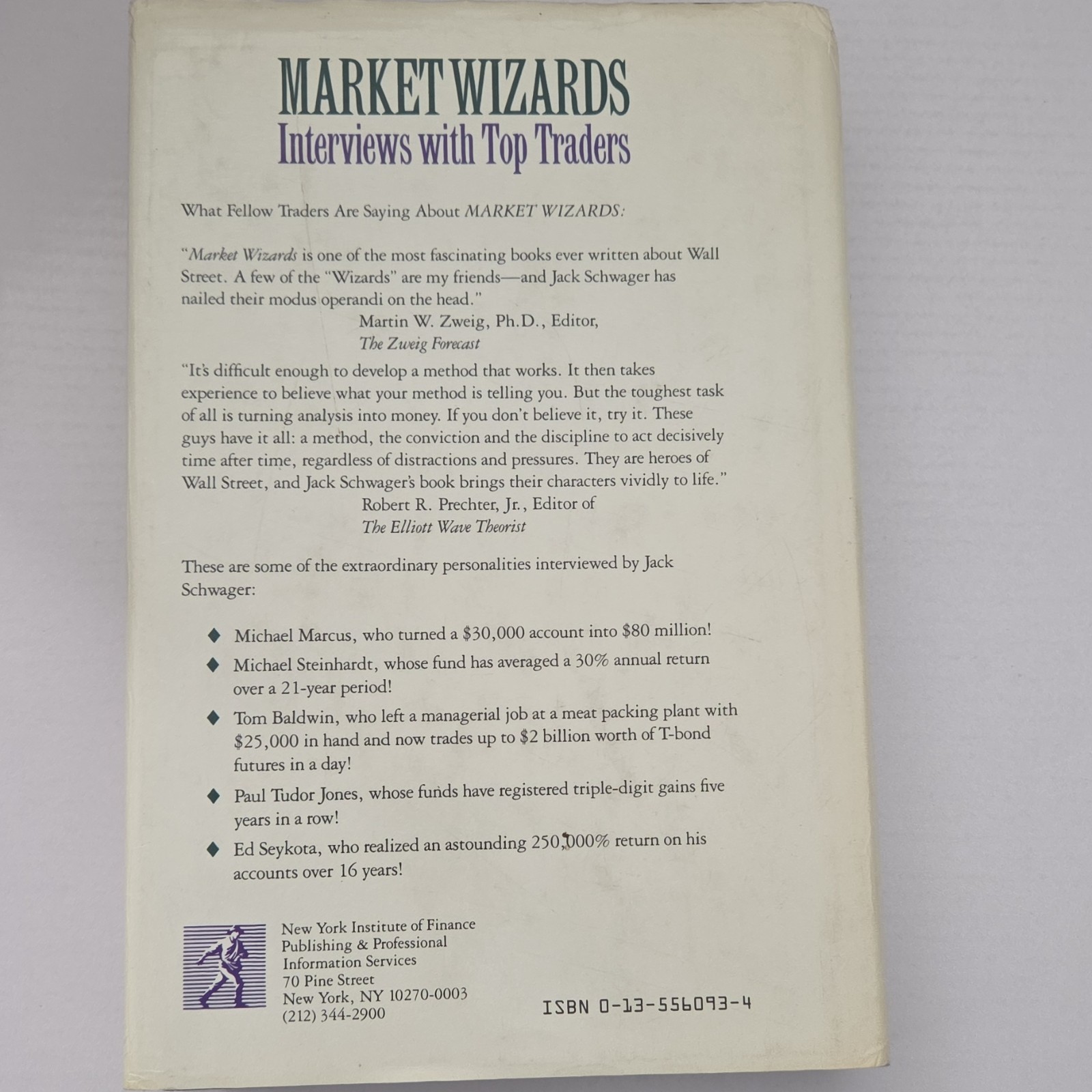 Market Wizards Jack D. Schwager Hardcover NY Institute Finance Wall St