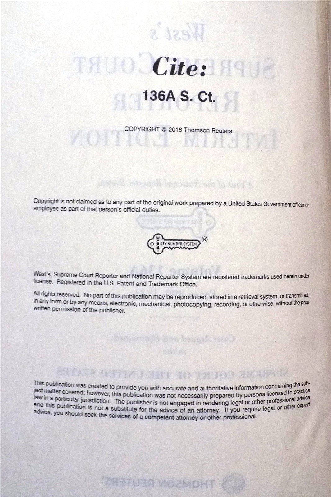 LOT OF 2 Supreme Court Reporter Interim Edition 136A + 136B Pages 890 – End 2015