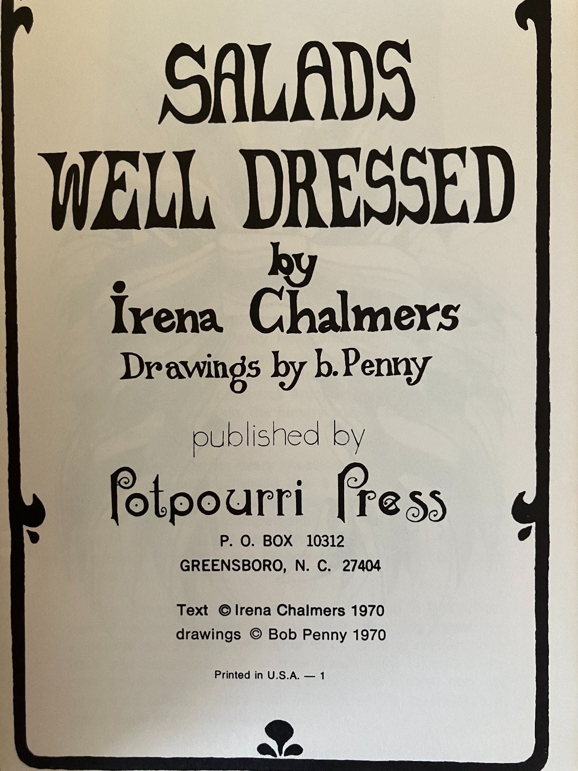 Salads Well Dressed Irena Chalmers 1970 1st Printing Cookbook Potpourri Press