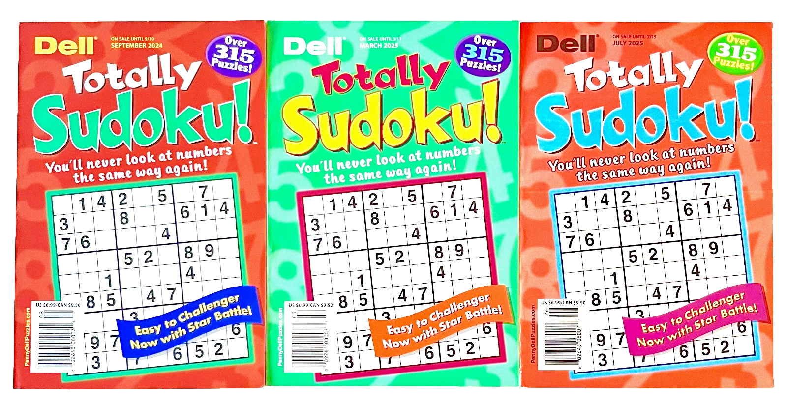 NEW Lot 3 Penny Press Dell Sudoku Totally Puzzle Books Easy to Challenger