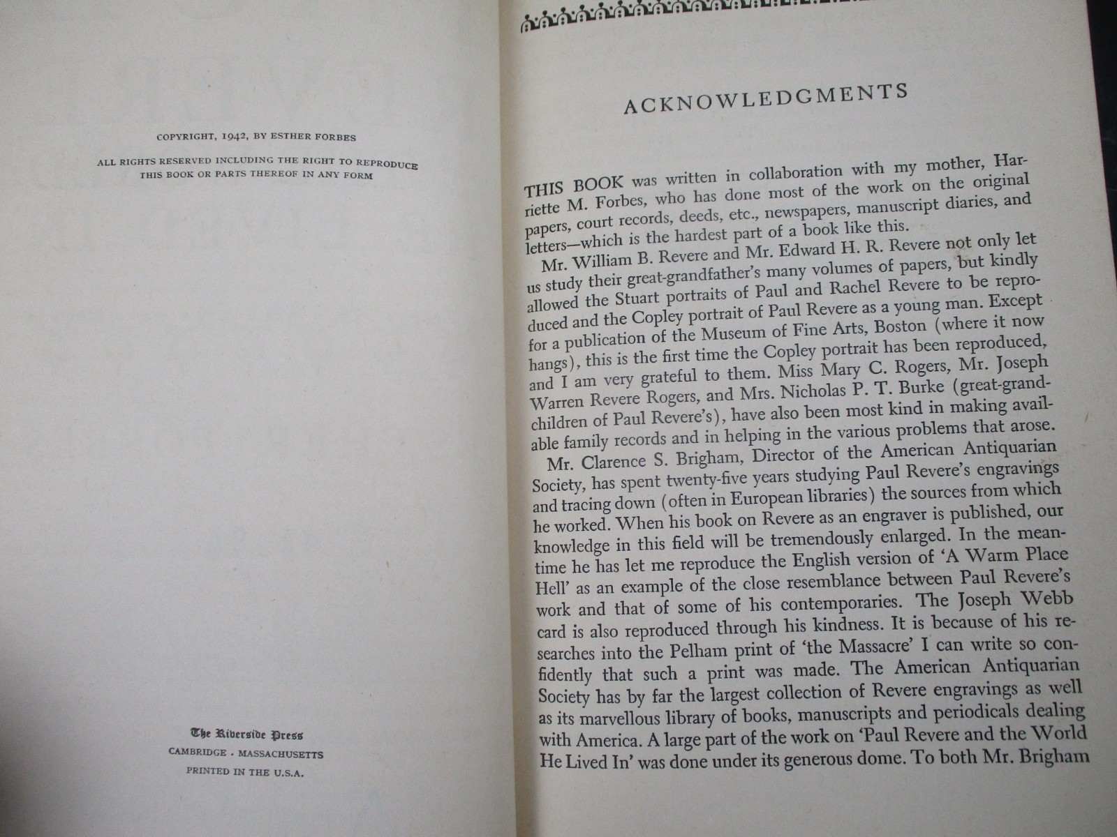 PAUL REVERE & THE WORLD HE LIVED IN by Esther Forbes The Riverside Press 1942