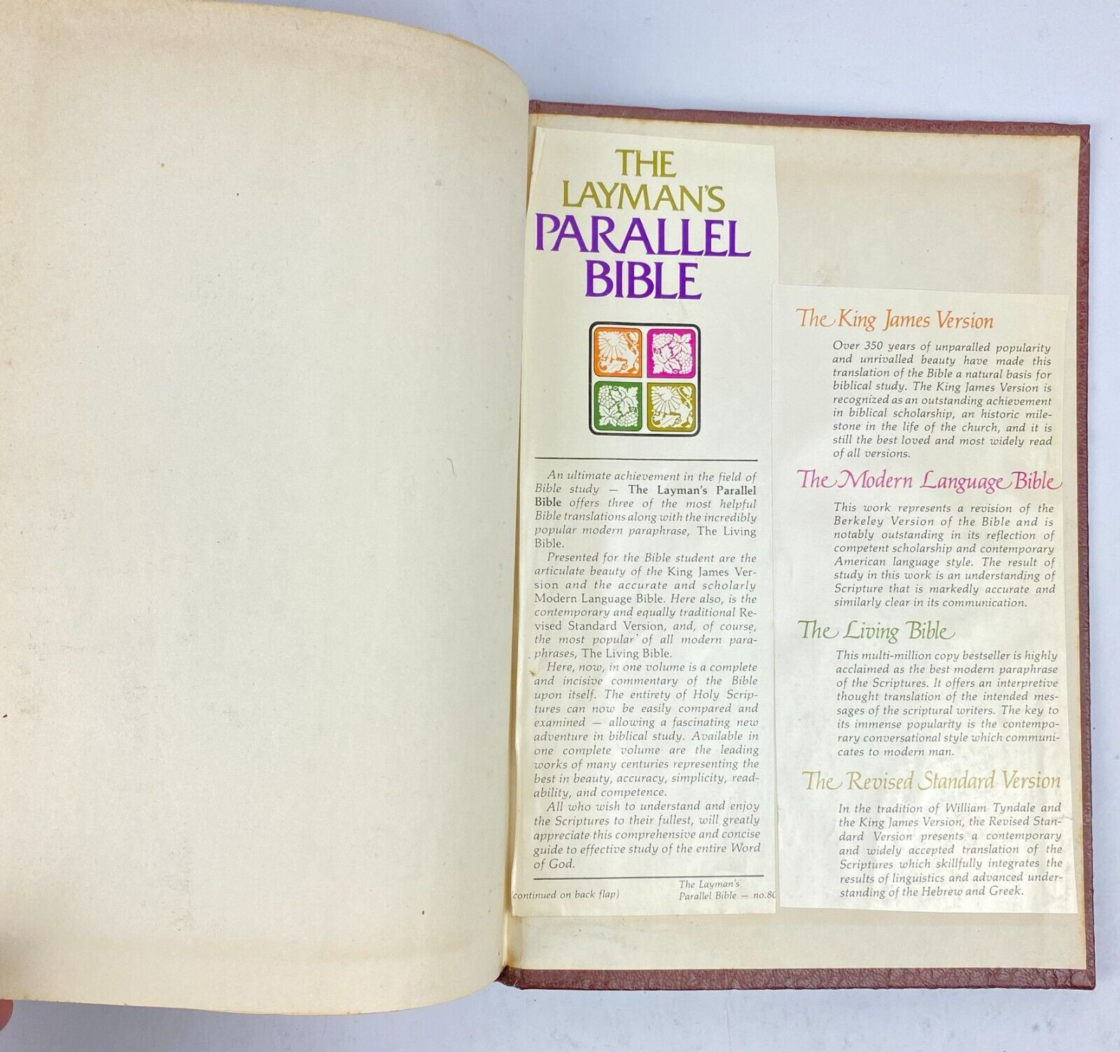 Layman’s Parallel Bible KJV MLB Living Bible RSV Zondervan Hardcover 1973 VTG