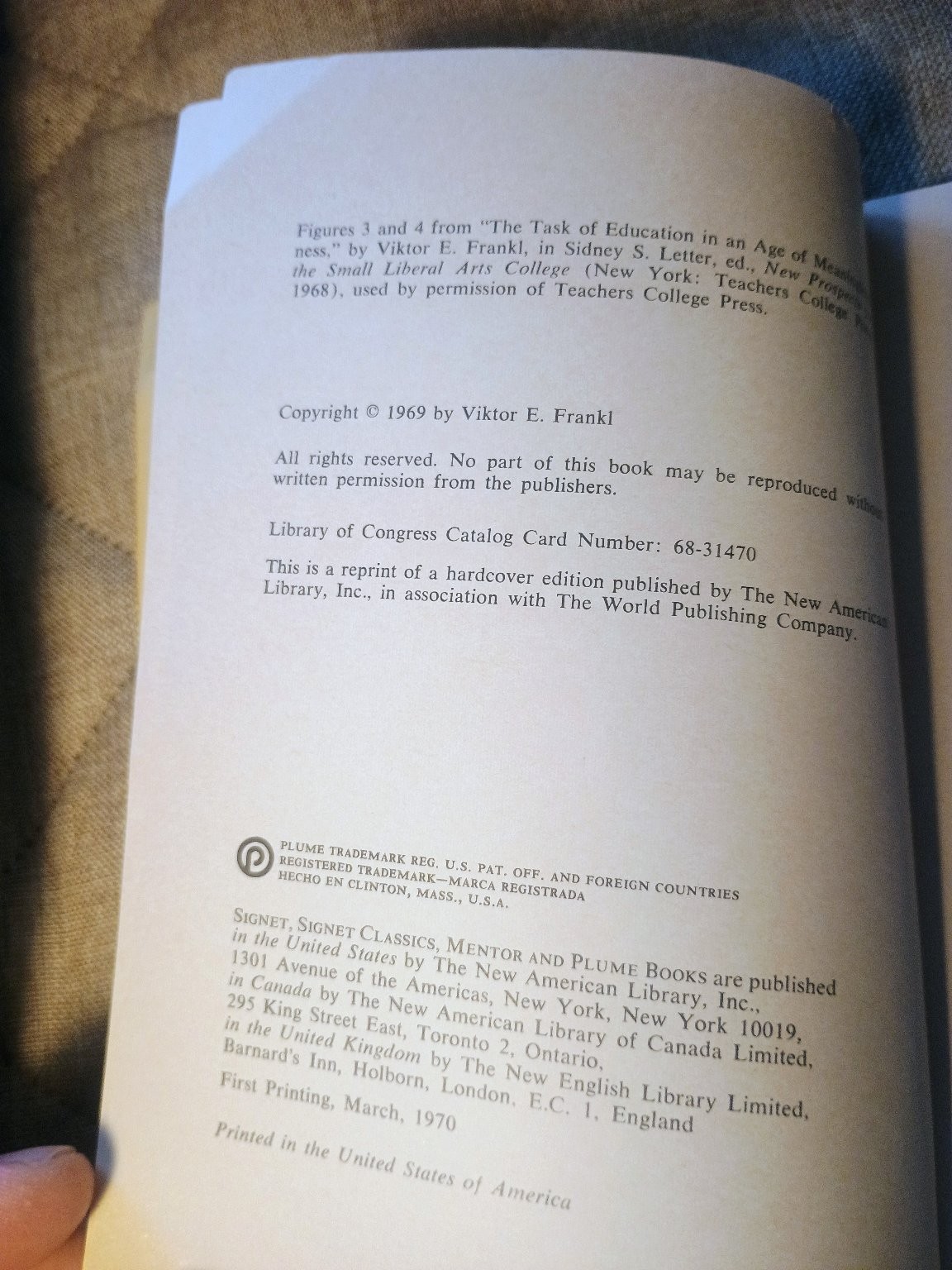 The Will to Meaning Viktor Frankl 1970 Plume Psychology Paperback
