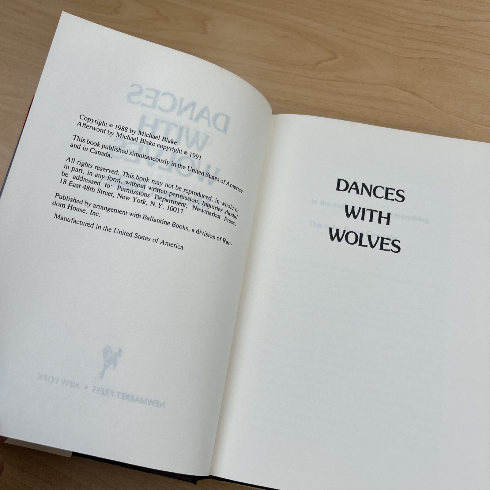 Michael Blake Dances With Wolves 1991 Hardcover With Dust Jacket