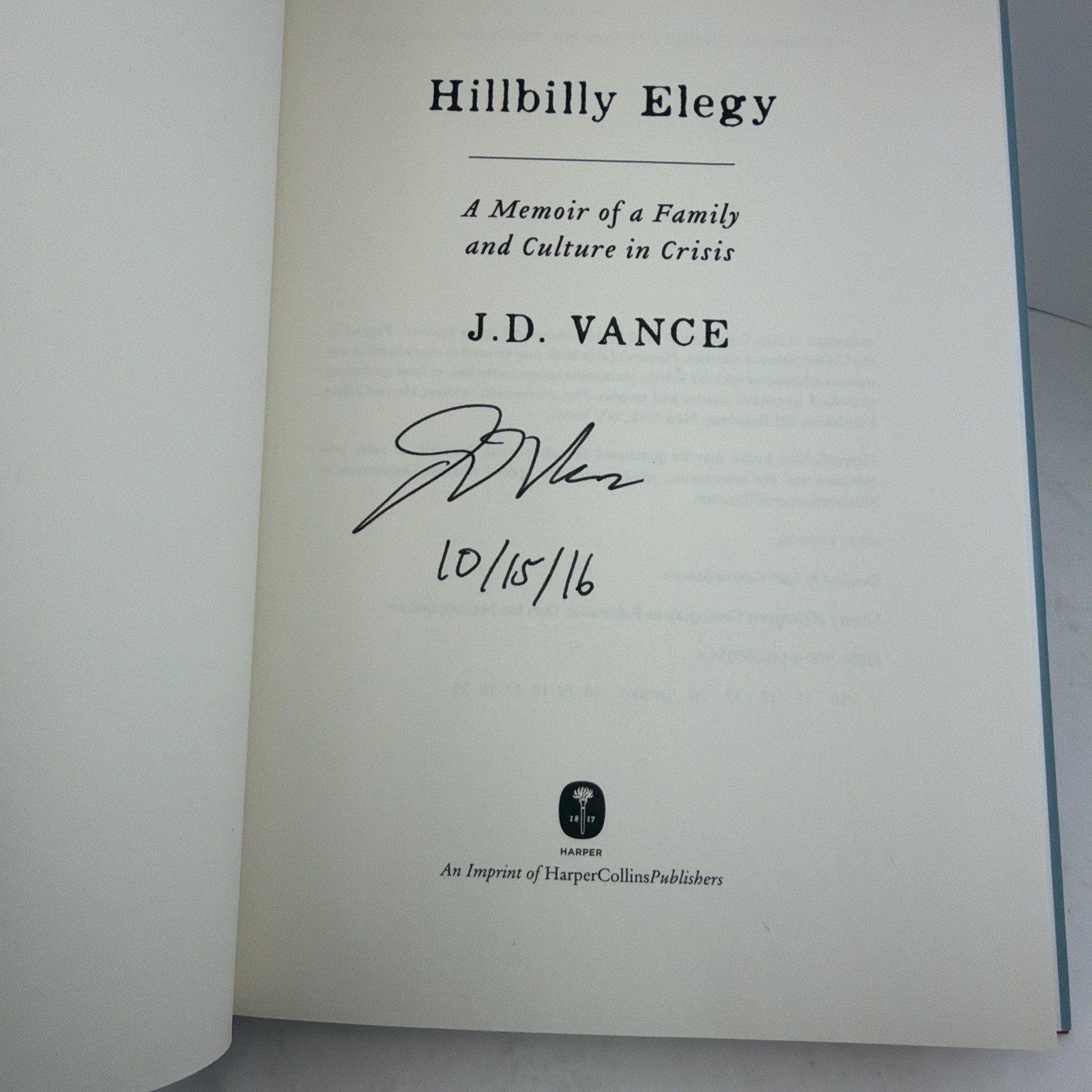 Hillbilly Elegy by JD Vance 1st edition SIGNED Vice President Signature VGC++