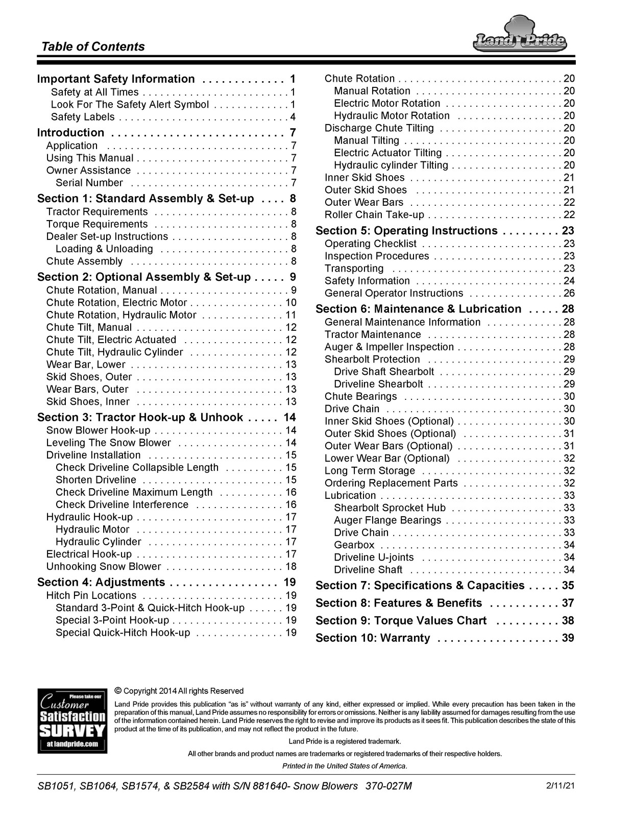 LAND PRIDE SB10 Series Snow Blowers Operators Manual 2014 – WIRE BOUND – COVERS