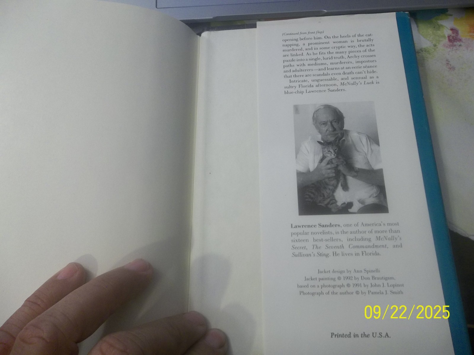 McNALLY’S LUCK~LAWRENCE SANDERS~1992 VG/C HARDCOVER BOOK~230 PAGES~W/DUST COVER