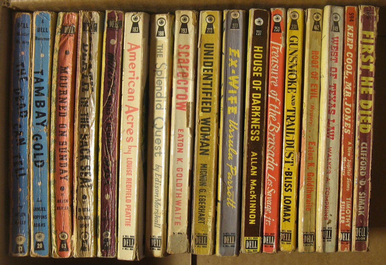 Lot of 17 vintage DELL paperbacks; VERY early © 1940s: mapbacks, art deco covers