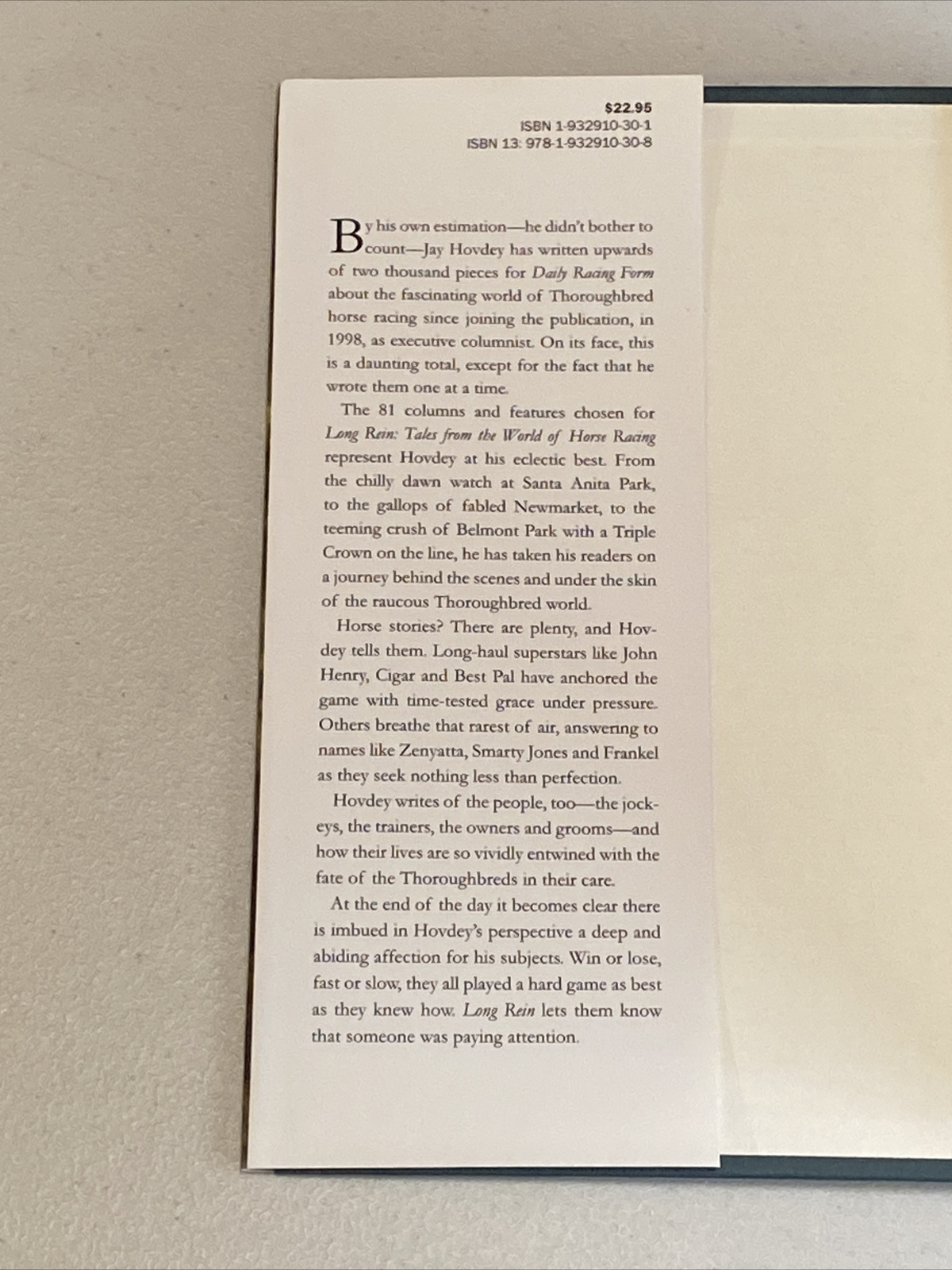 Long Rein SIGNED by Jay Hovdey – Horse Racing Tales – Near Fine Hardcover