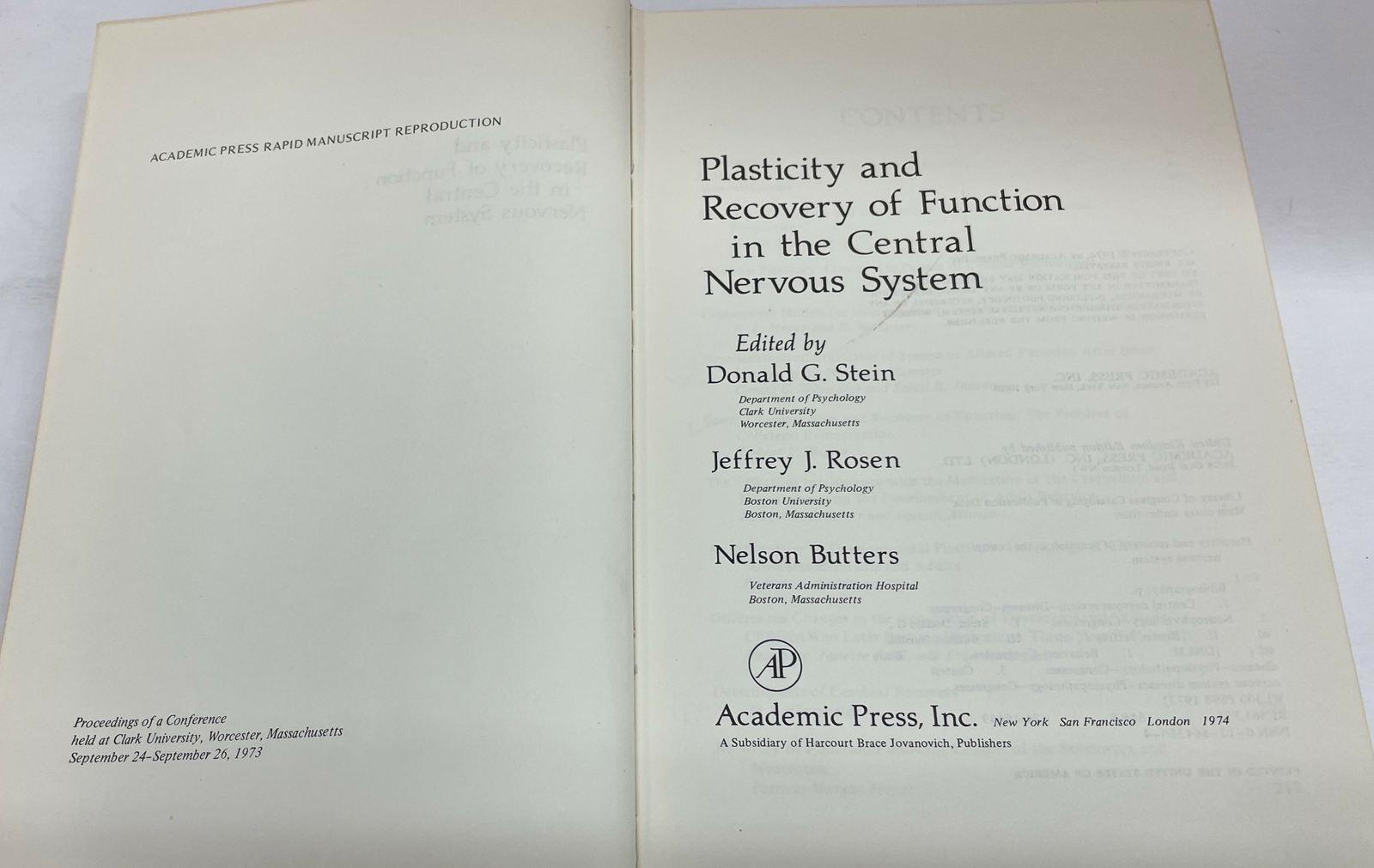Plasticity and Recovery of Function in the Central Nervous System 1974 HC