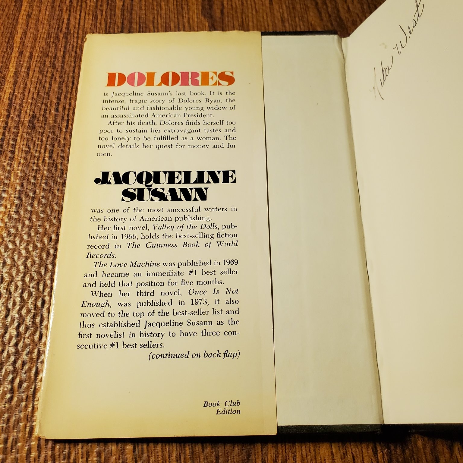 Dolores Jacqueline Susann 1976 Book Club Edition Fiction William Morrow