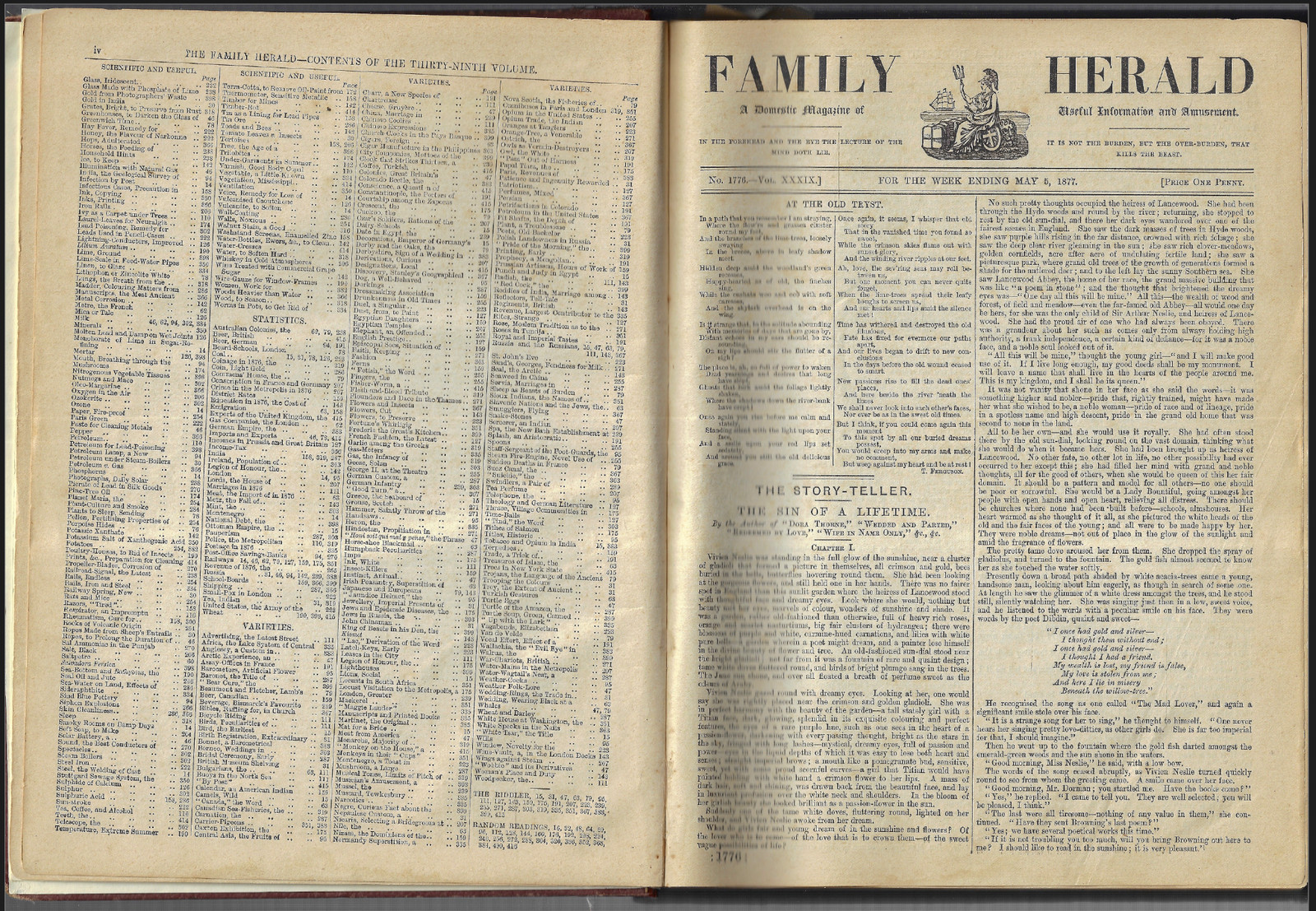 Family Herald Domestic Magazine Vol 39 – 1877 / Bound HC Book of 430+ Pages