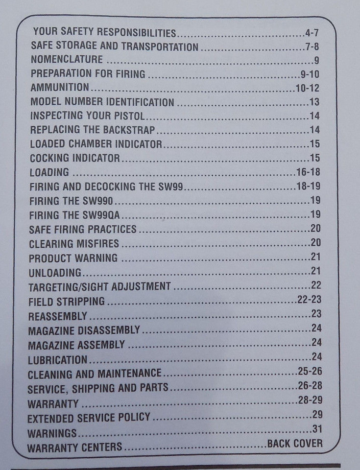 SMITH & WESSON SW99, SW990 & SW99 QA PISTOL INSTRUCTION MANUAL, 31 PAGES OF INFO