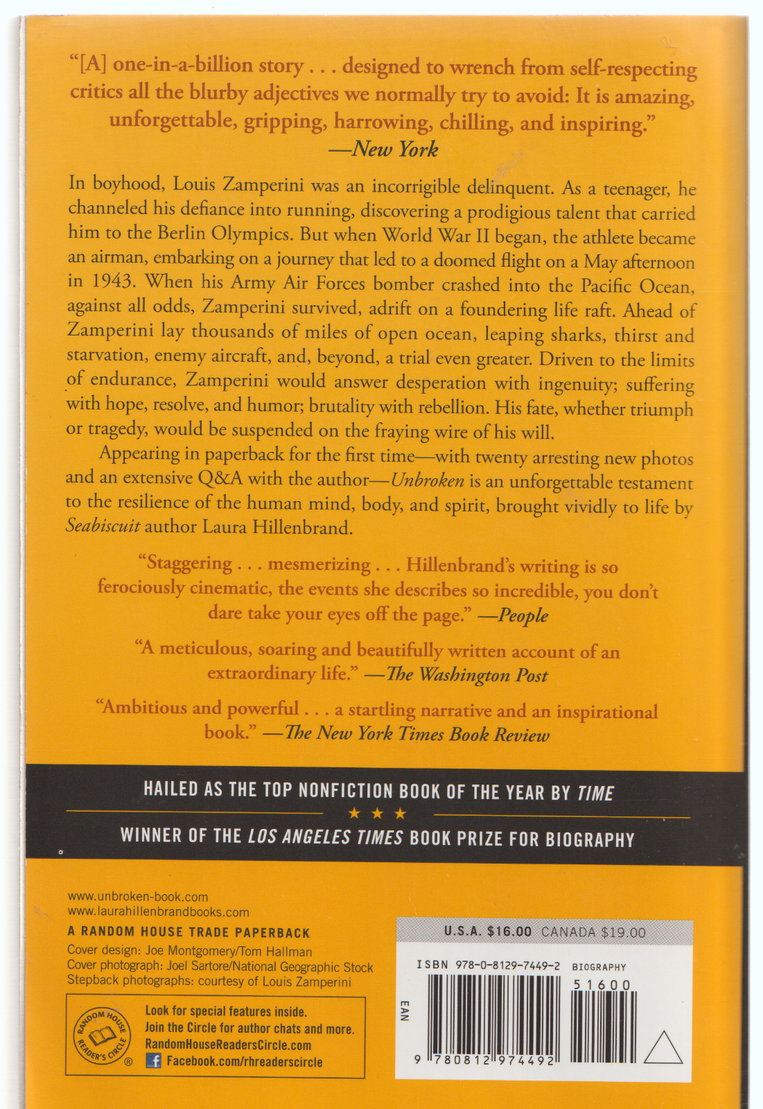 UNBROKEN, BY LAURA HILLENBRAND, SOFTCOVER 1ST EDITION 2014