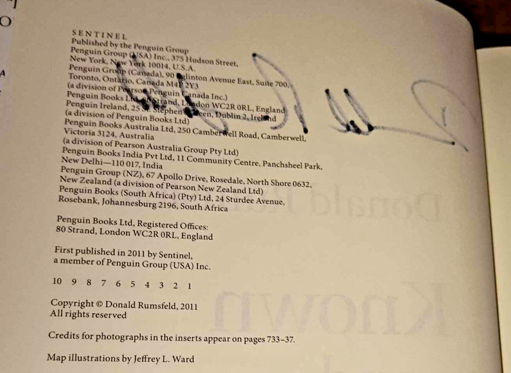 DONALD RUMSFELD SIGNED KNOWN AND UNKNOWN MEMOIR SECRETARY OF DEFENSE REPUBLICAN