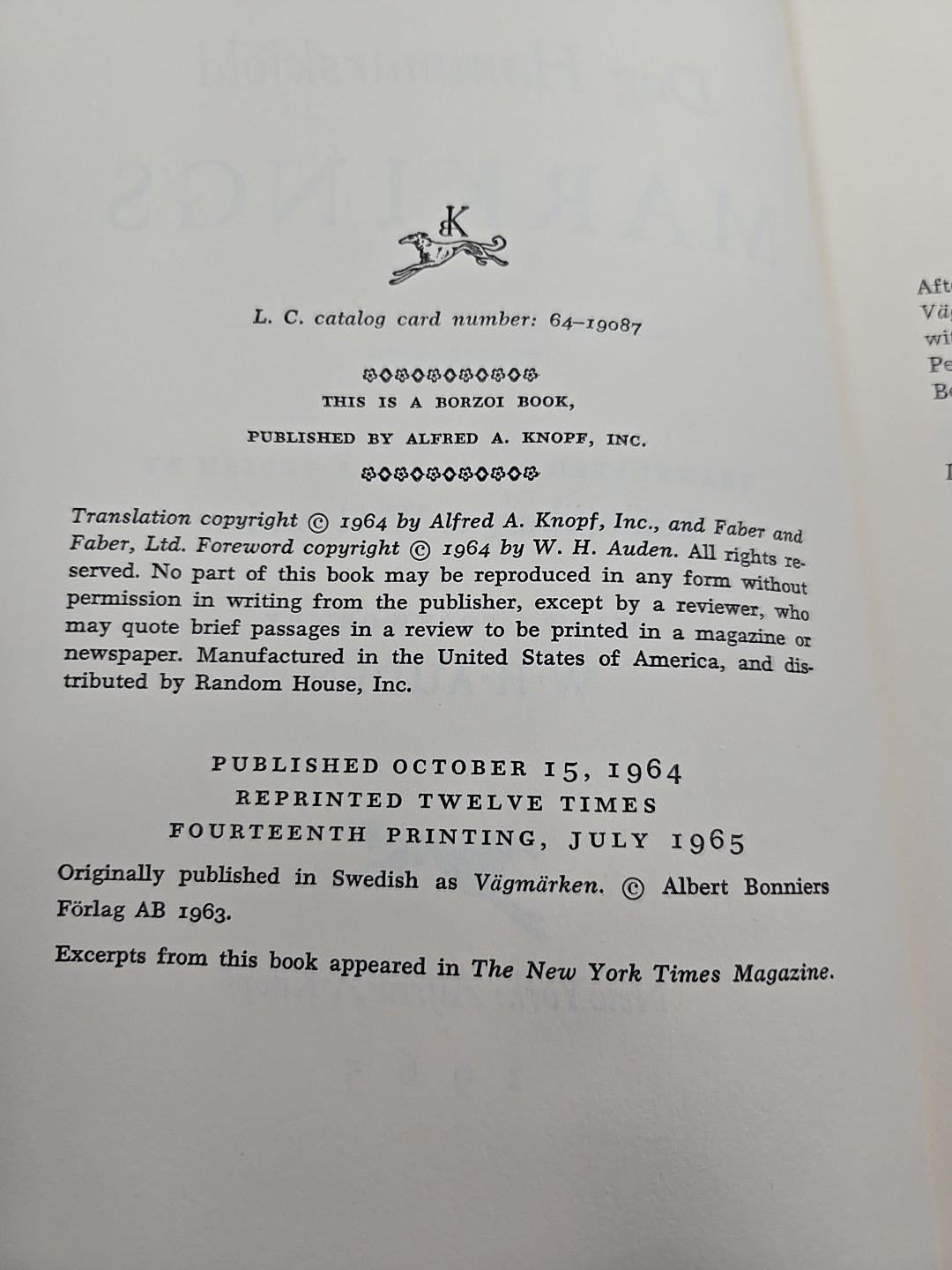 MARKINGS by Dag Hammarskjold (Hardcover/DJ/Borzoi Book) 1965