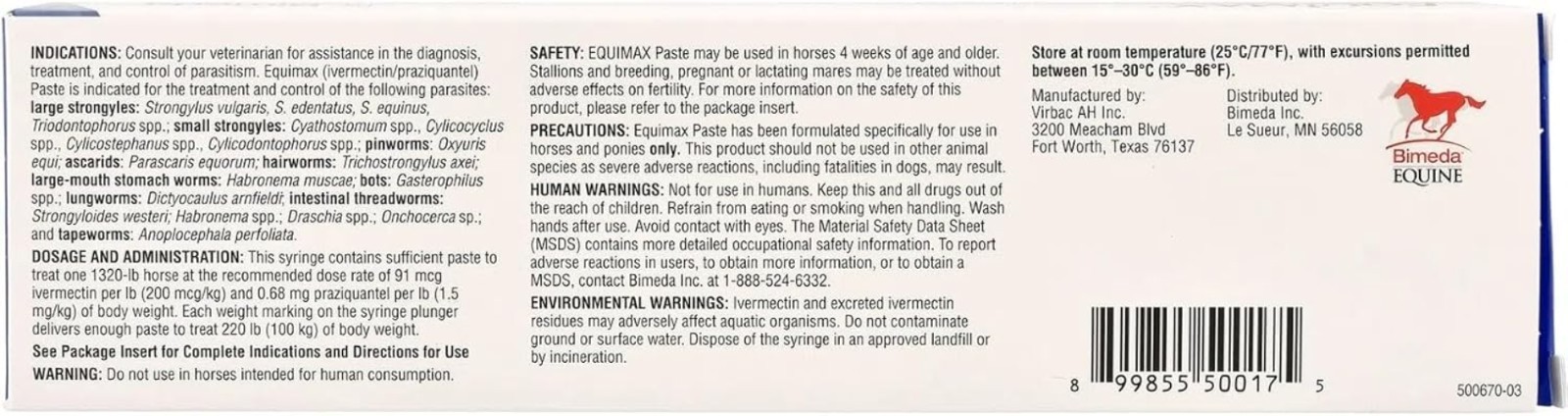Parasite Control Horse Dewormer Paste – 1 Tube, 1.6oz for Horses up to 1320lb