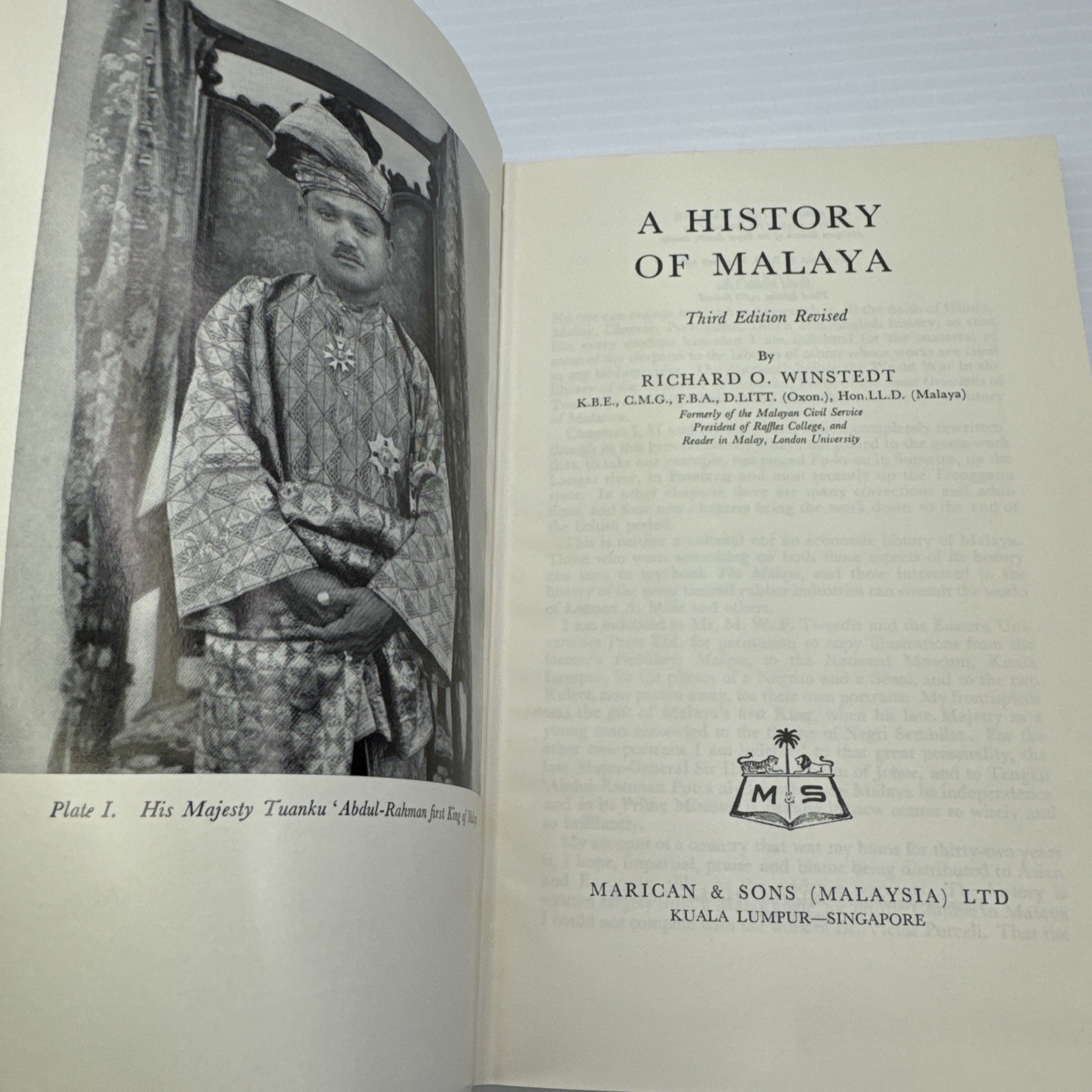 A History of Malaya Richard O. Winstedt 1968 HC Marican & Sons Revised Third ED