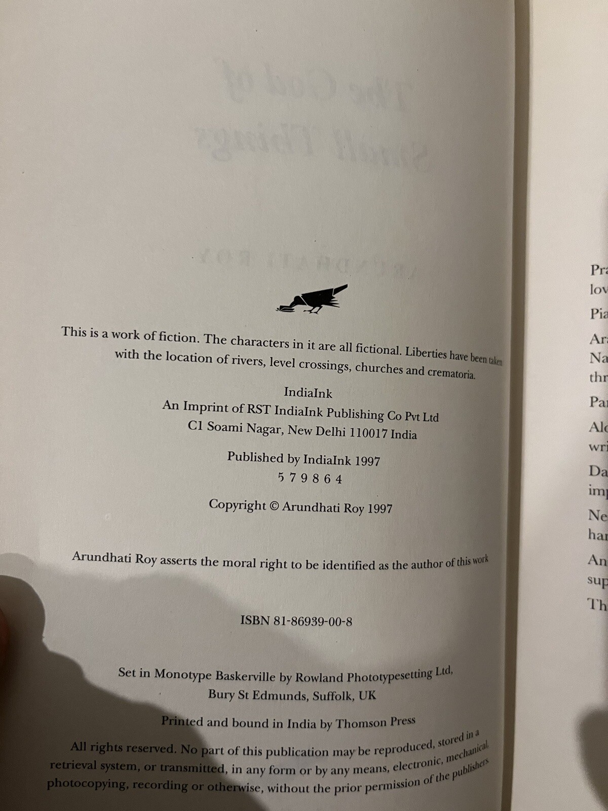 The God Of Small Things, Arundhati Roy. IndiaInk 1997. Fourth Printing.