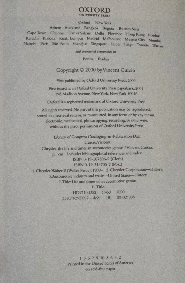 Chrysler: The Life And Times Of An Automotive Genius Vincent Curcio PB 2000
