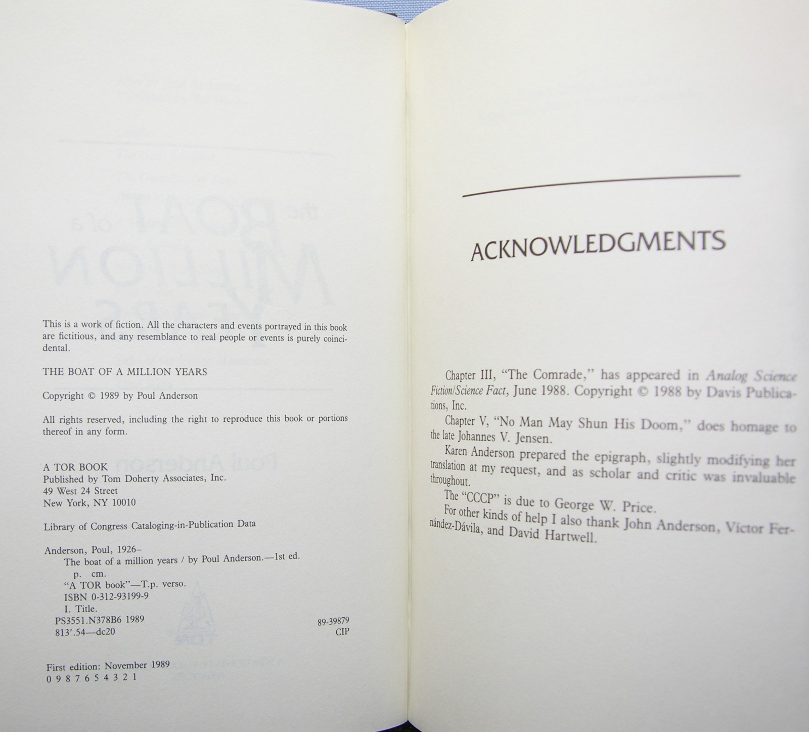 Anderson, Poul – The Boat of a Million Years HCDJ 1st Edition 1989 Very Good-