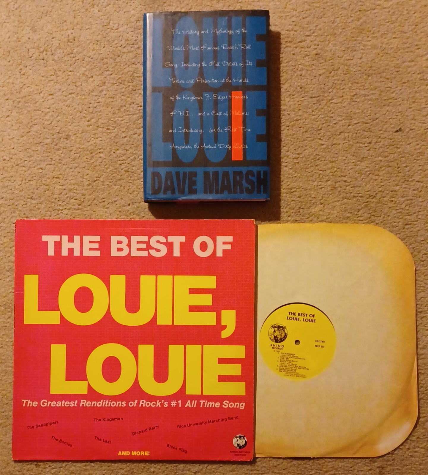 LOUIE LOUIE – DAVE MARSH – 246 PAGES – 1993 HB + BEST OF LOUIE LOUIE – RHINO LP