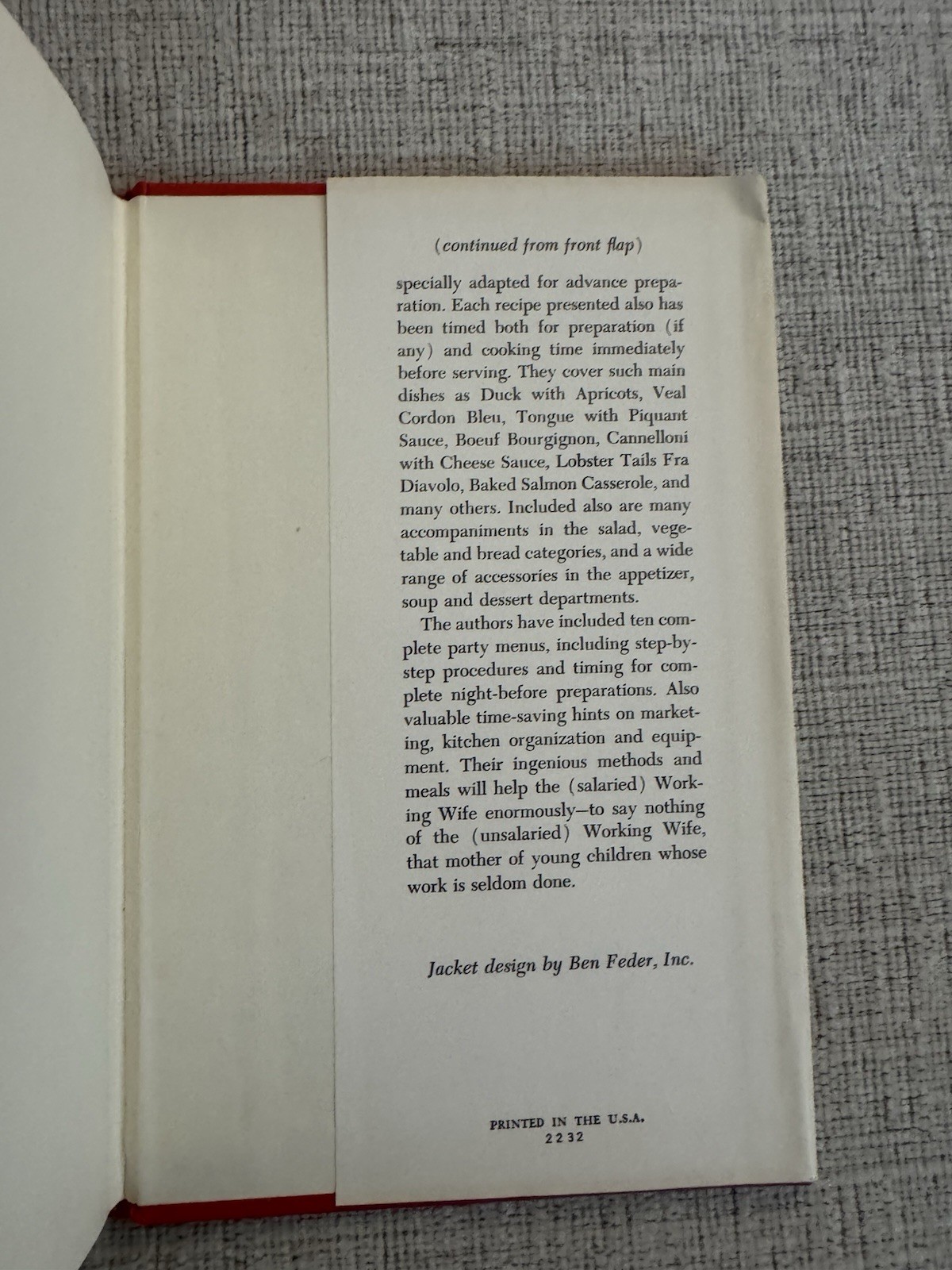 Working Wives Cook Book Zavin Stuart 1963 HC DJ Vintage Make Ahead