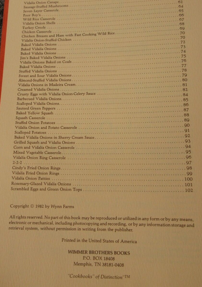 World Famous Vidalia Sweet Onion Cookbook 1982 Wynn Farms Wimmer Brothers