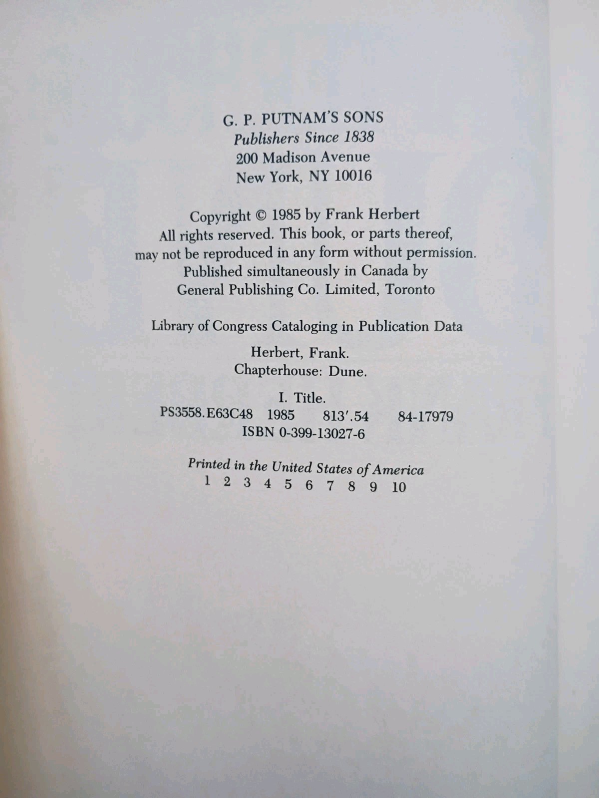 Chapterhouse Dune 1985 Frank Herbert Putnam HB – **1st Edition – 1st Printing**