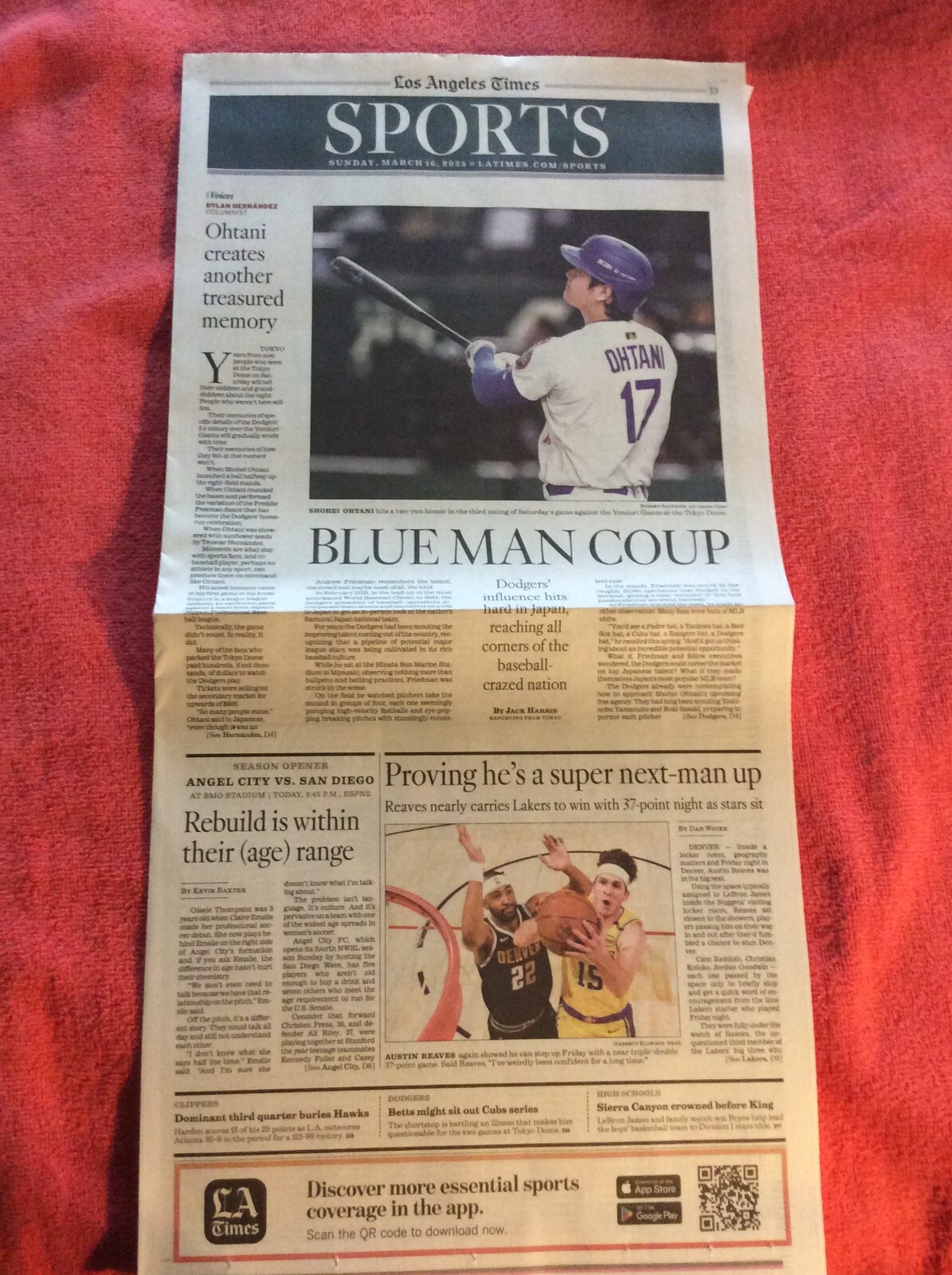 LA TIMES SPORTS SECTION MARCH 16 2025 DODGERS SHOHEI OHTANI AUSTIN REAVES