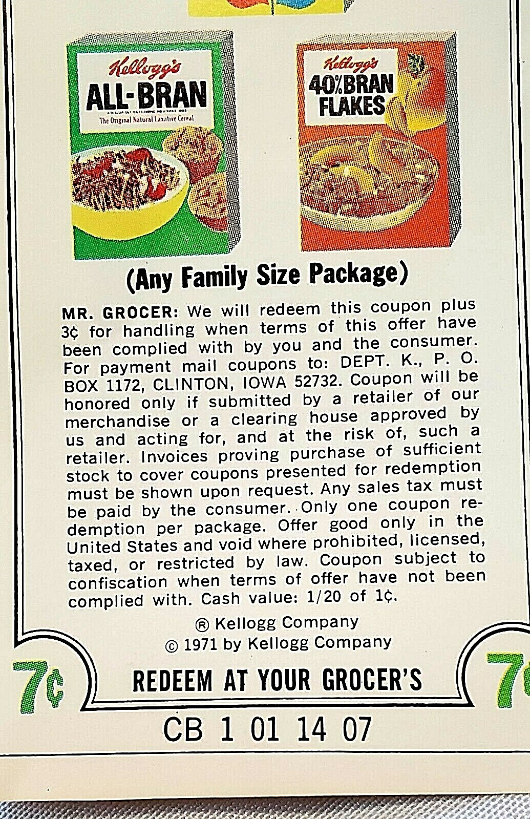 VINTAGE 1971 KELLOGG’S ALL-BRAN BRAN BUDS/ FLAKES COUPON $0.07 CENTS AND AD PAGE