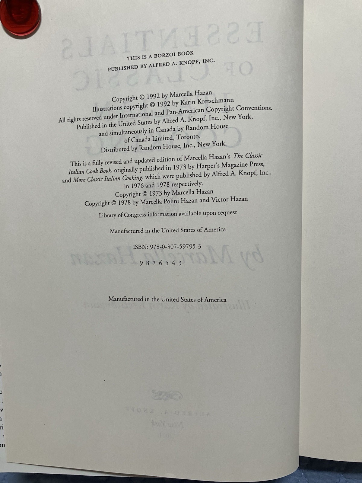 Nice Marcella Hazan 1992/2011 Essentials of Classic Italian Cooking HC 3rd Print