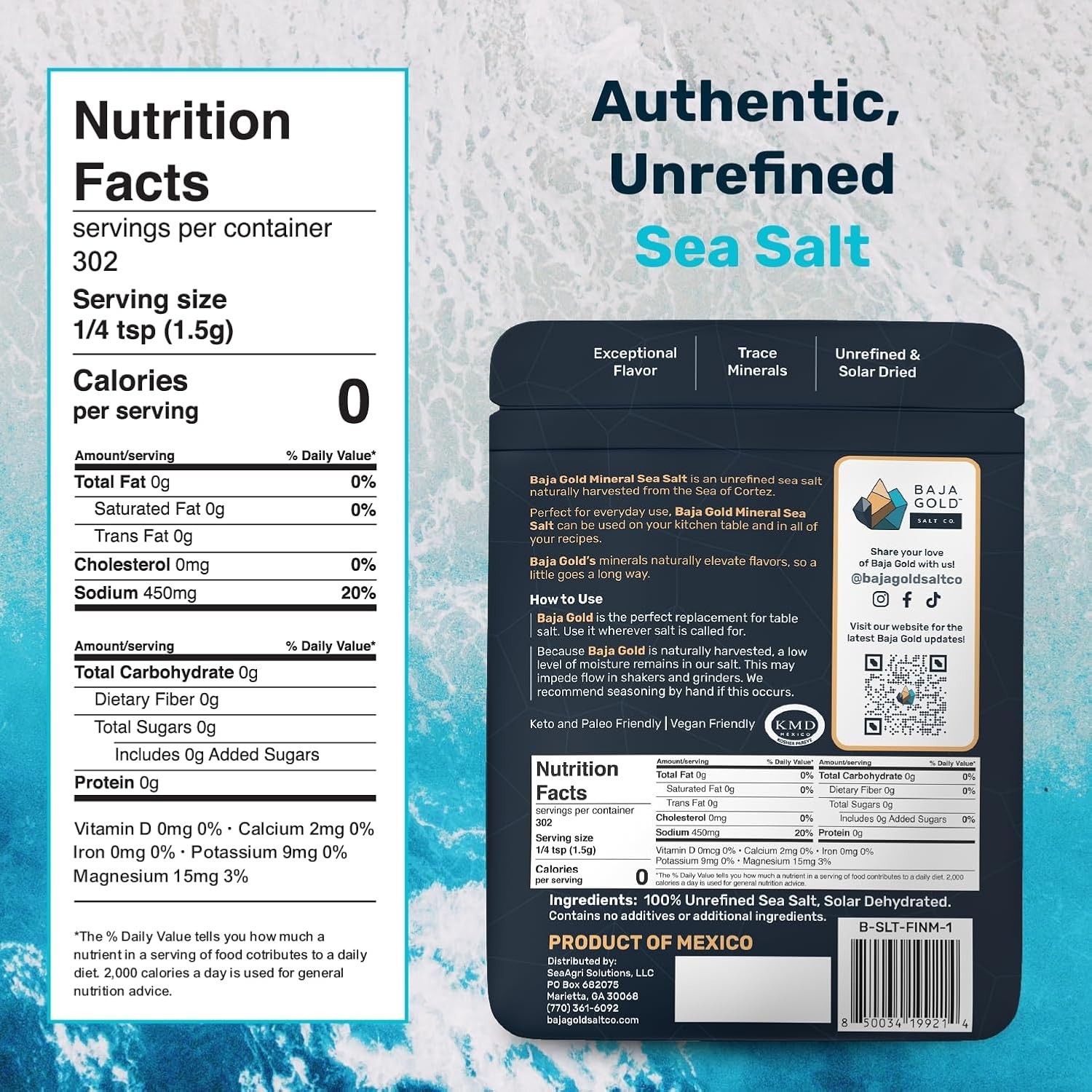 Authentic Baja Sea Salt – 300+ Servings of Natural Flavor – Resealable 1 lb. Bag