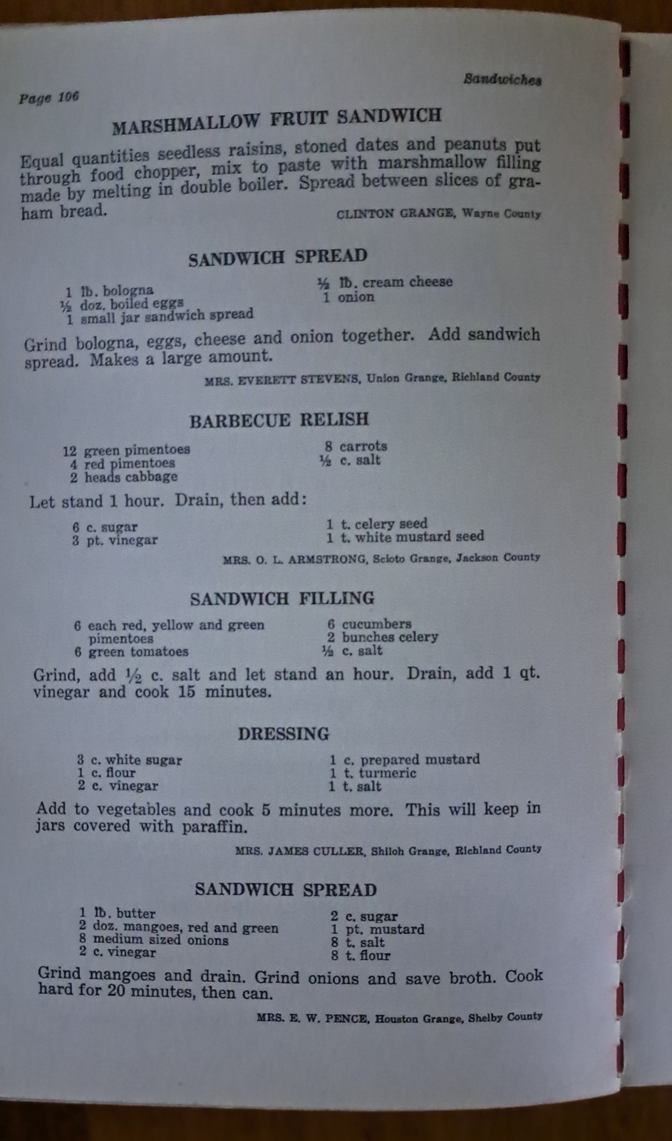 Ohio State Grange Cookbook 16th Edition 1955 Spiral Bound Recipes Book