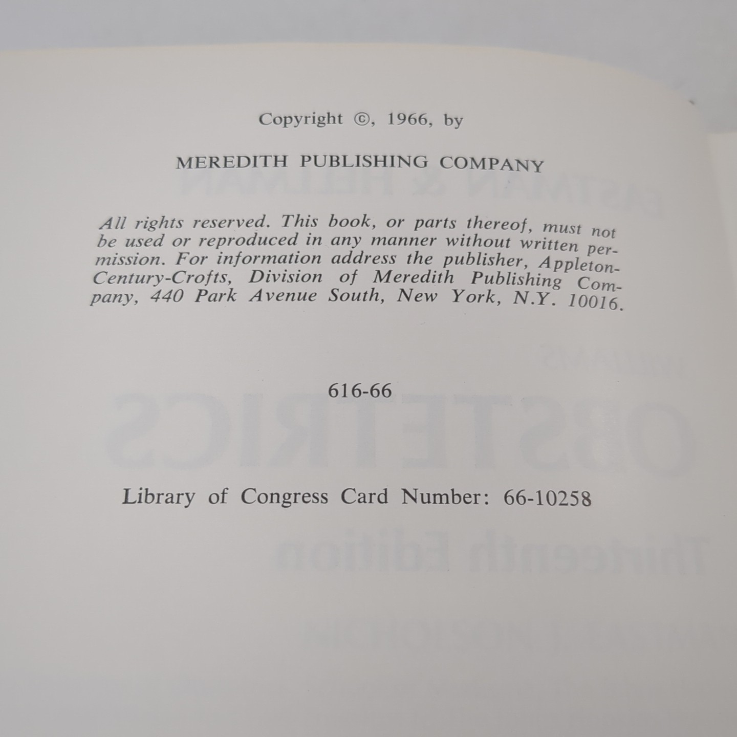 Williams Obstetrics Thirteenth 13th Edition Nicholson Eastman Louis Hellman 1966