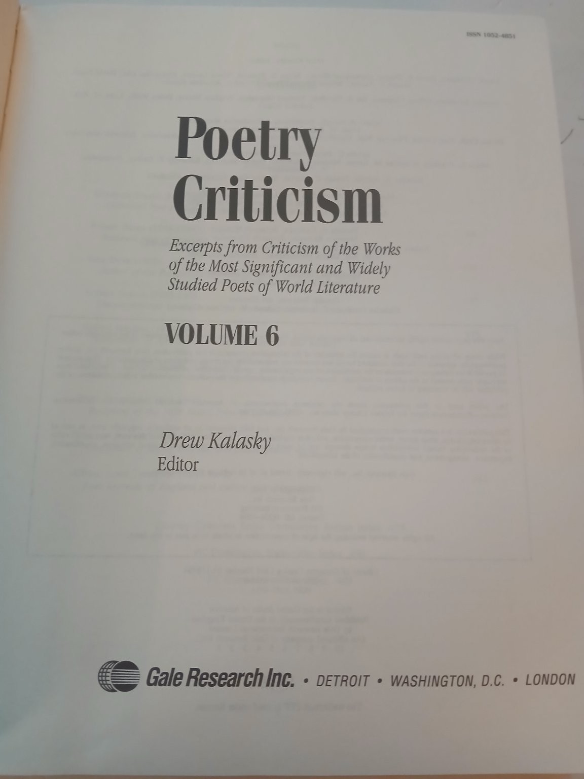 Poetry Criticism Volume 6 Drew Kalasky 1993 Reference Literature Gale