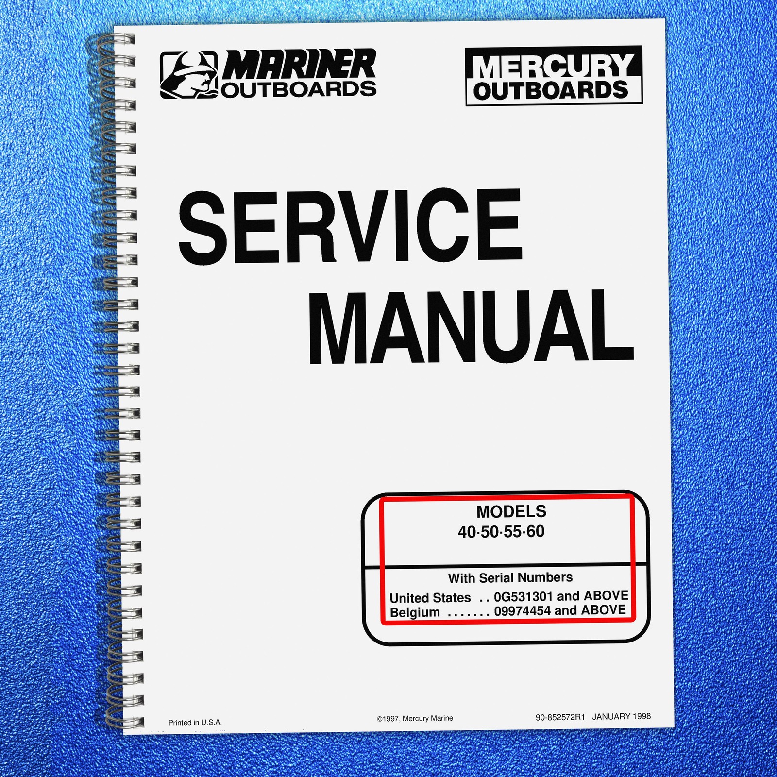 MERCURY 40 50 55 60 Service Manual Workbook 1998 VERSION – SPIRAL FIXED – COVERS