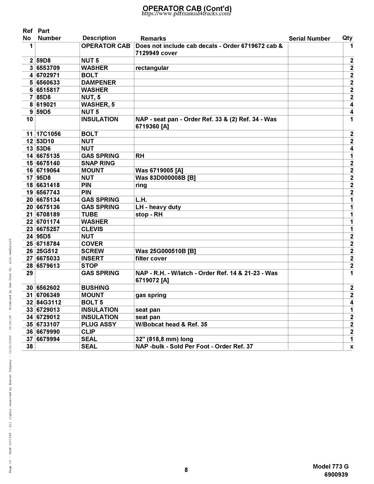 BOBCAT 773 G-Series Skid Steer Parts Manual 2009 SN 500K11001 Up – WIRE BOUND