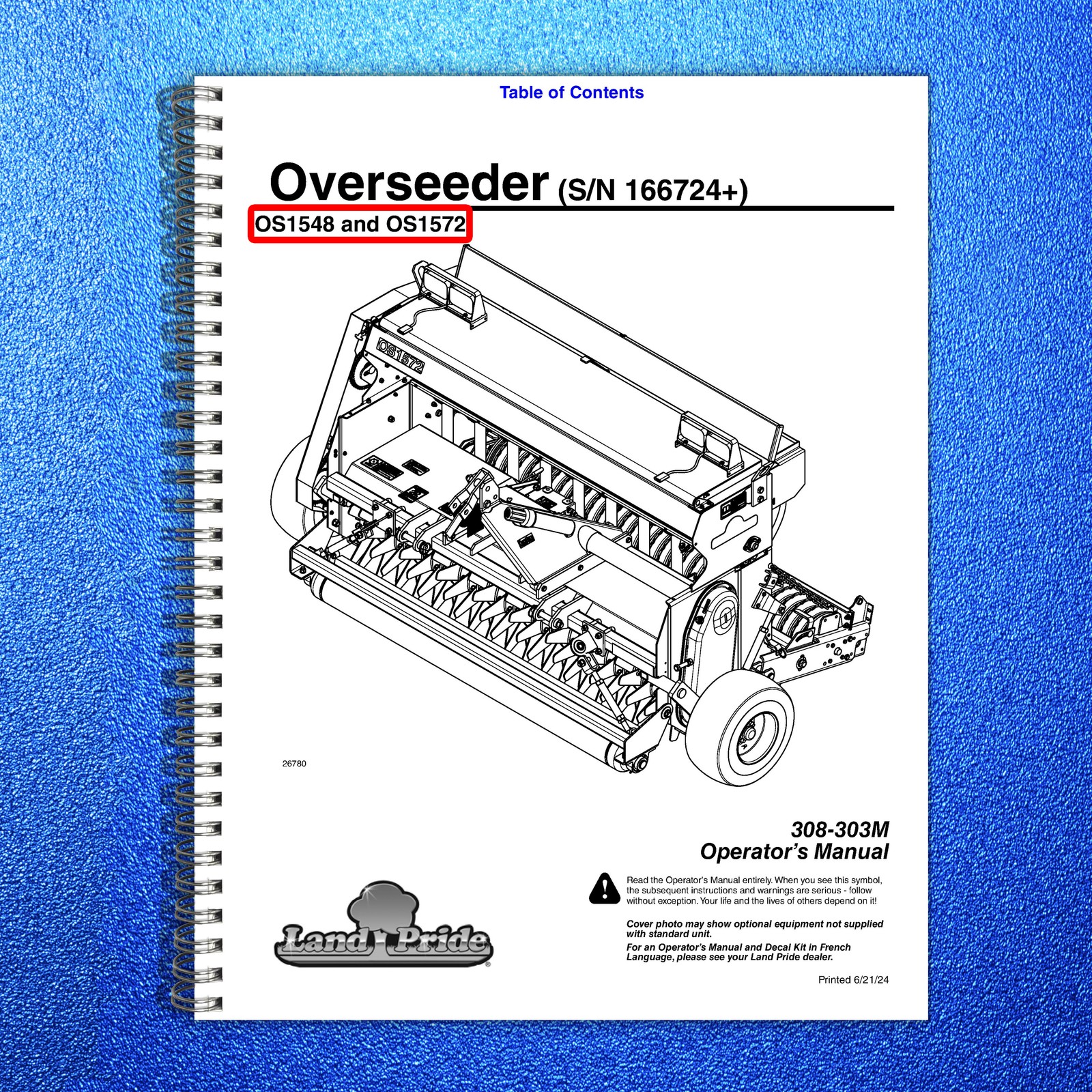 LAND PRIDE OS15 Series Overseeders Operators Manual – WIRE BOUND – TOUGH COVERS