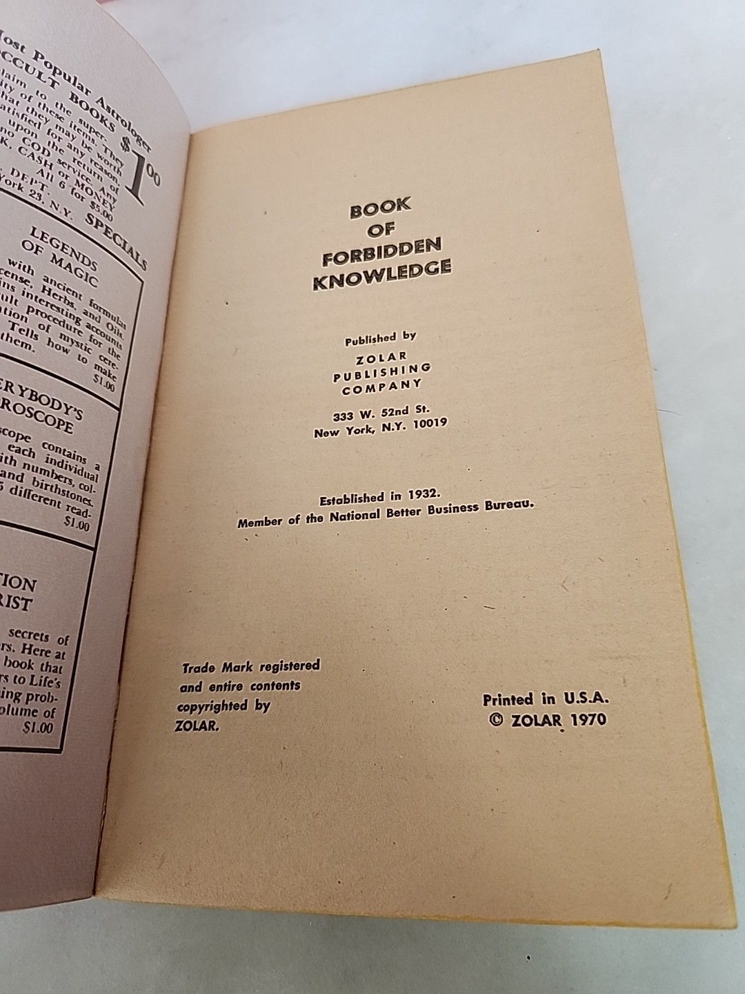 Book of Forbidden Knowledge Zolar 1970 Vintage Occult Astrology Magic Paperback