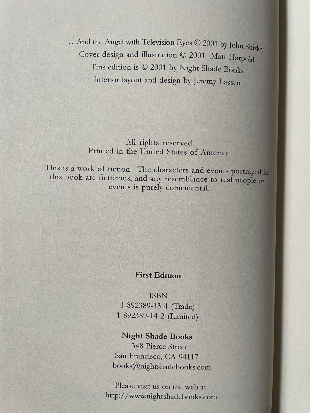 …AND THE ANGEL WITH TELEVISION EYES (2001) John Shirley 1st trade hardcover OP