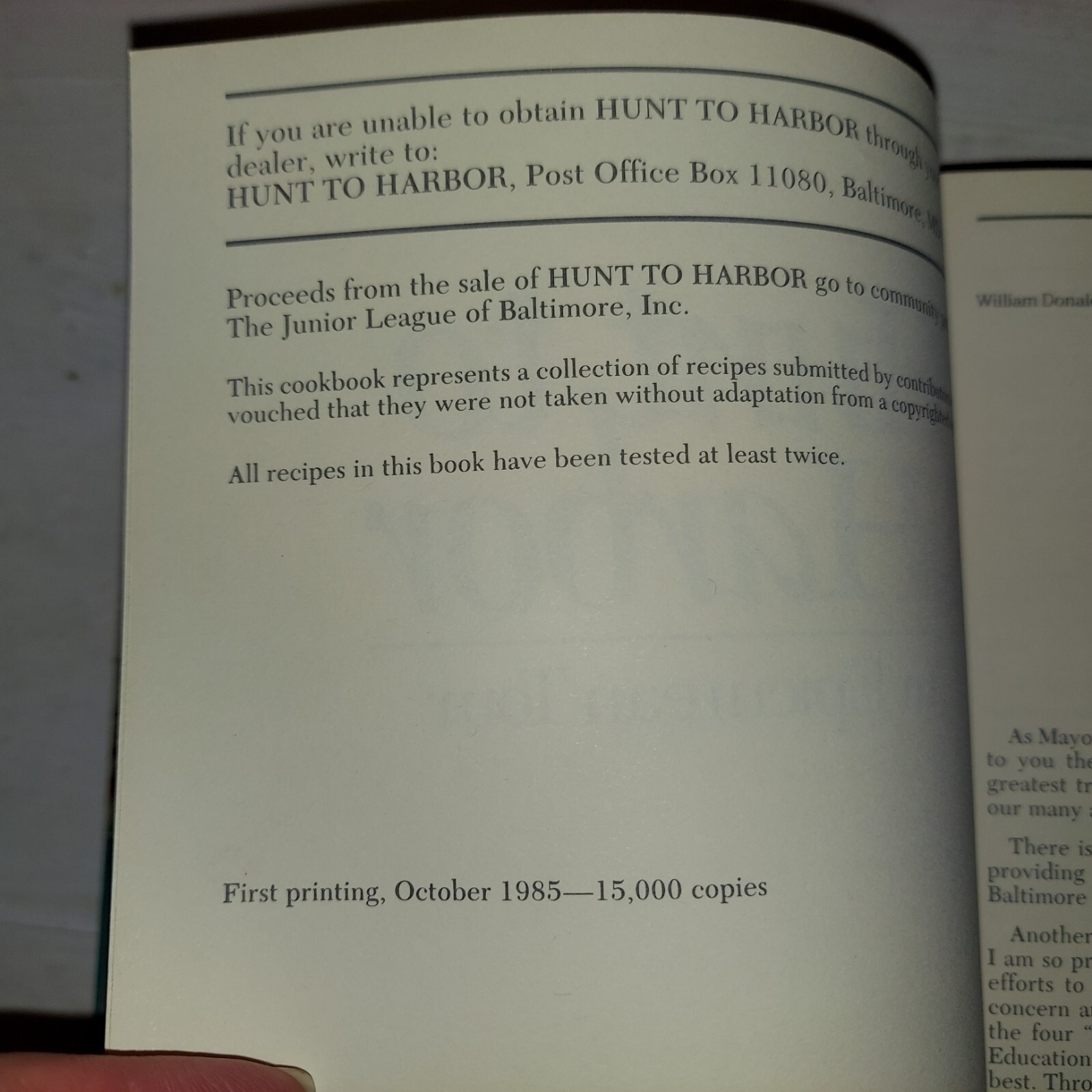 Hunt to Harbor: An Epicurean Tour by Junior League of Baltimore 1985 1st Printng