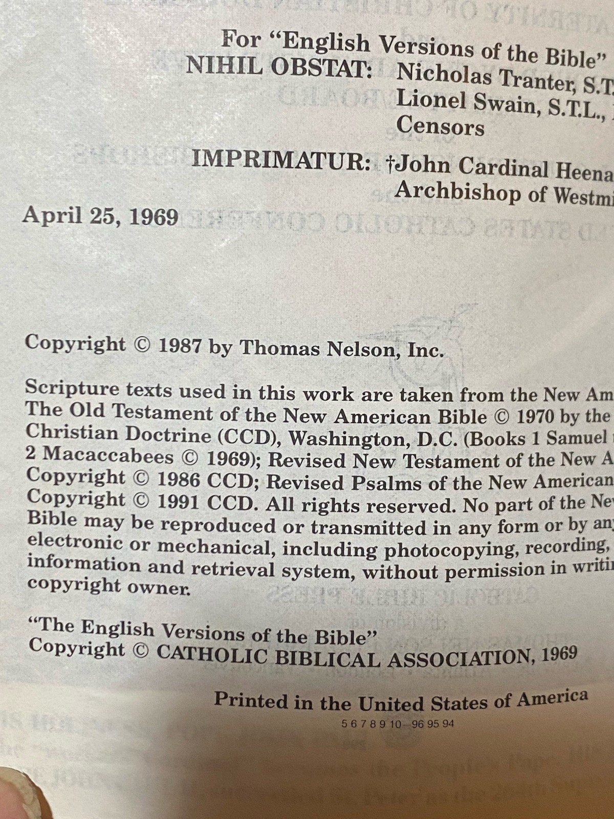 1987 New American Bible Holy Bible Catholic Bible Press 9055NBG Bonded Leather