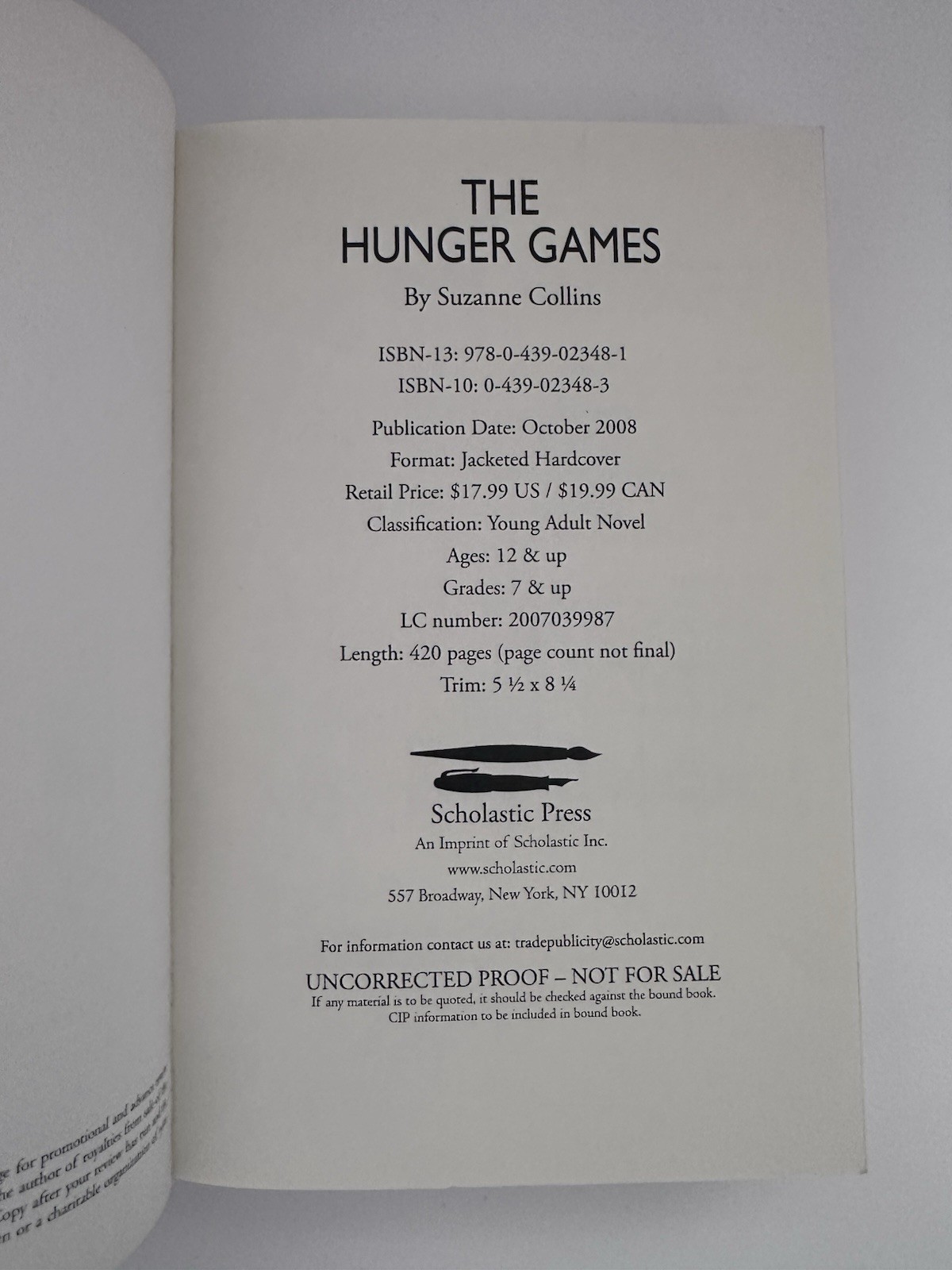 THE HUNGER GAMES Advance Reader’s Copy Uncorrected Proof Suzanne Collins 1st. Ed