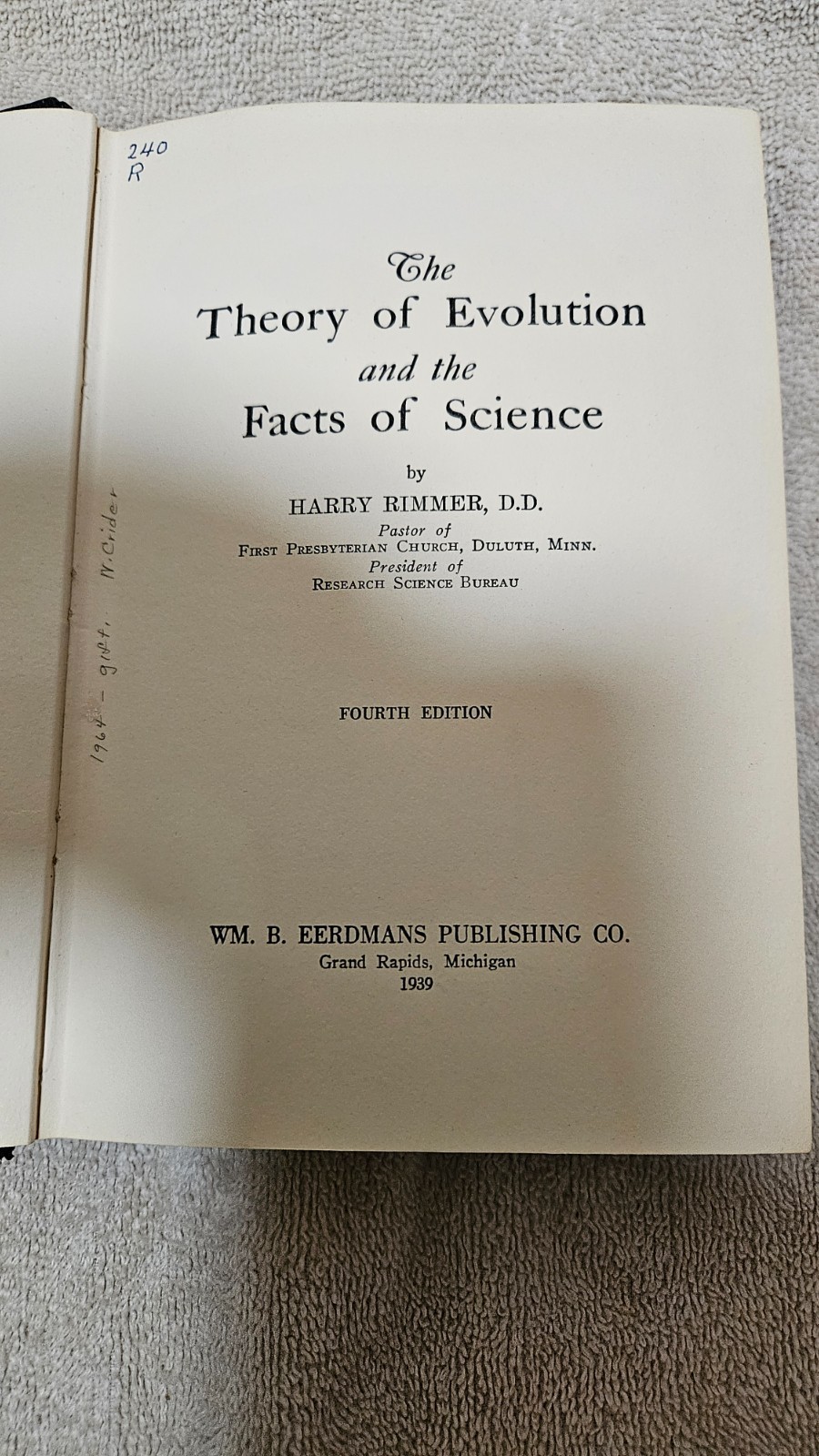 ‡ 🐒 Theory of Evolution and Facts of Science by Rimmer • 1935 HC 4th Ed Ex-Libr
